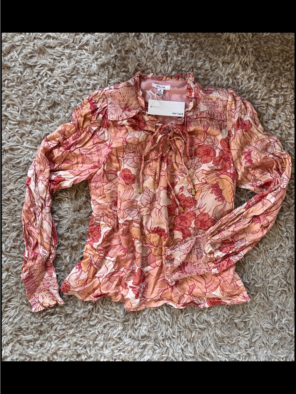 Floral Peach Tie-Front Long-Sleeve Blouse - Picture 2 of 7